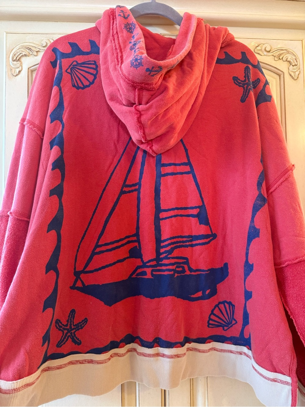 NWT- Free People We the Free Coral Red Hoodie Sweater with Navy Sailboat Graphic